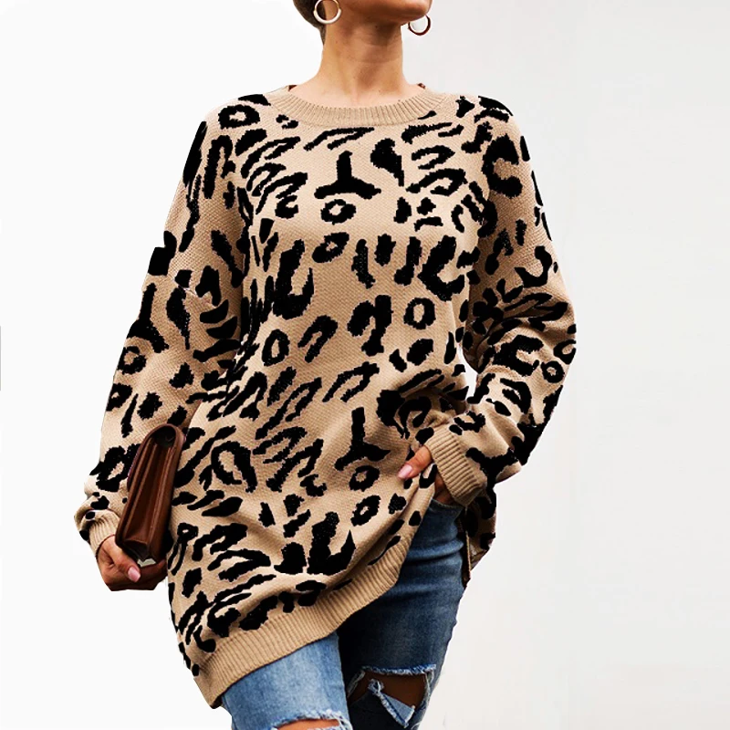 Leopard Sweaters Women Autumn Winter 2020 Pullovers Jumpers Female Knitted Chic Loose Warm long thin dress pull femme | Женская одежда
