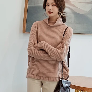 

2019 Autumn And Winter New Cashmere Wool High Collar Sweater Thick Pullover Lazy Loose Sweater Woman Knitting Primewarm Pullover