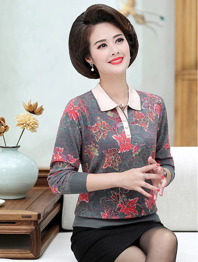 

2019 Sweater Women Winter Printing Turndown Collar Middle-Aged Women'S Plus Size Knitted Sweater Pullover Sweaters Female F562