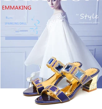 

EMMAKING New summer women thin heels shoes elegant Rhinestone Bling woman high heels Party slip-on sandals ladies slippers
