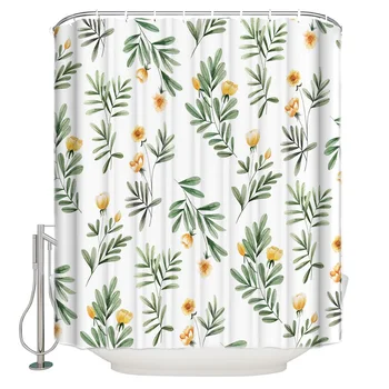 

Spring Yellow Flower Green Leaves Bloom Shower Curtain Waterproof and Mildewproof Polyester Fabric Bath Curtain Design