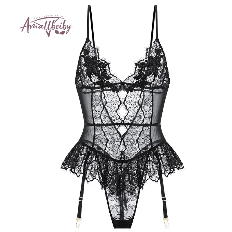 New Lingerie Eyelash Lace Bodysuit Sexy Sleepwear Women Underwear Embroidery Hollow Beautiful Back Transparent Onsies Pajamas