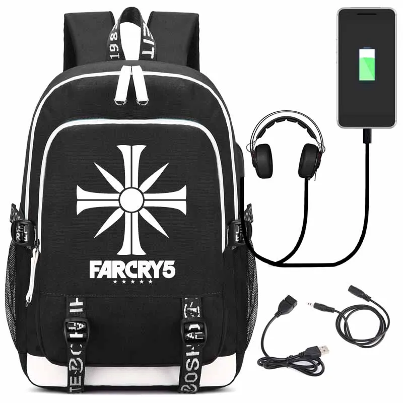 

FARCRY5 Backpack with USB Charging Port and Lock &Headphone interface for College Student Work