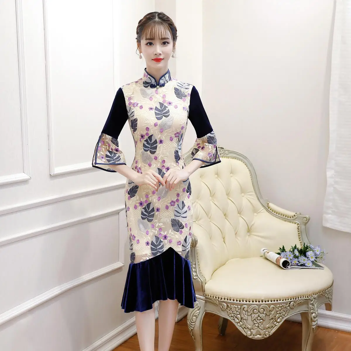 Мадарин воротник Русалка Cheongsam велюр лоскутное для женщин Новинка китайский Qipao платье Сексуальная Леди Элегантный Vestidos Формальное вечернее платье - Цвет: Light Yellow