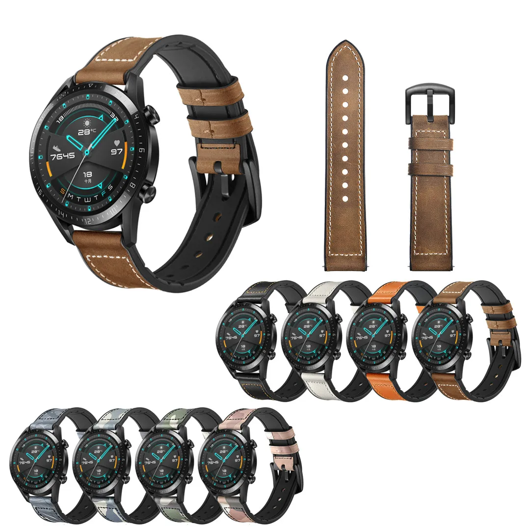 New silicone+headband leather fit strap, suitable for Huawei Watch GT and GT2 46mm 42mm models wear soft and comfortable strap