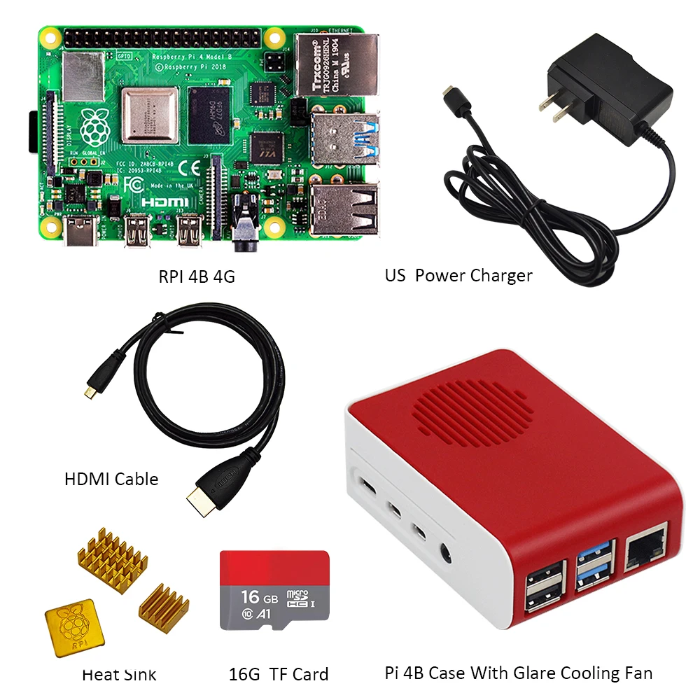  2019 Raspberry Pi 4 Model B Kit- 4GB + Pi 4 case with fan +EU/US/UK Type-C 5V/3A Power charger+HDMI
