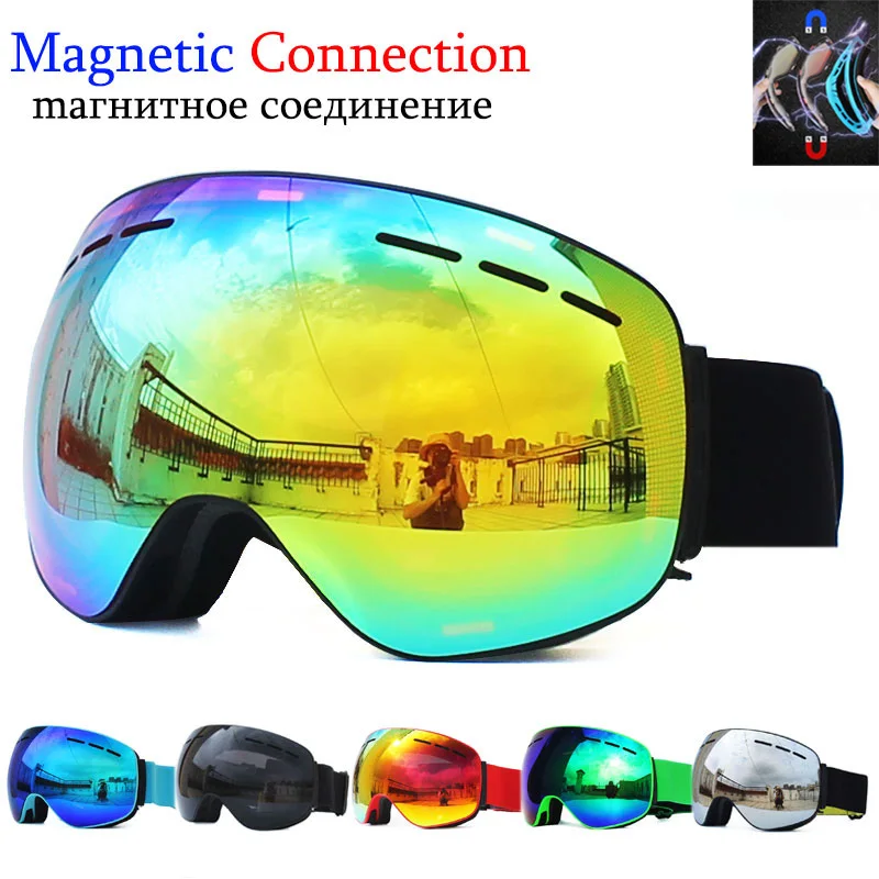 Ski-Goggles Magnetic Eyewear Lens Skiing Double-Layers Men with Anti-Fog UV400 Snowboard