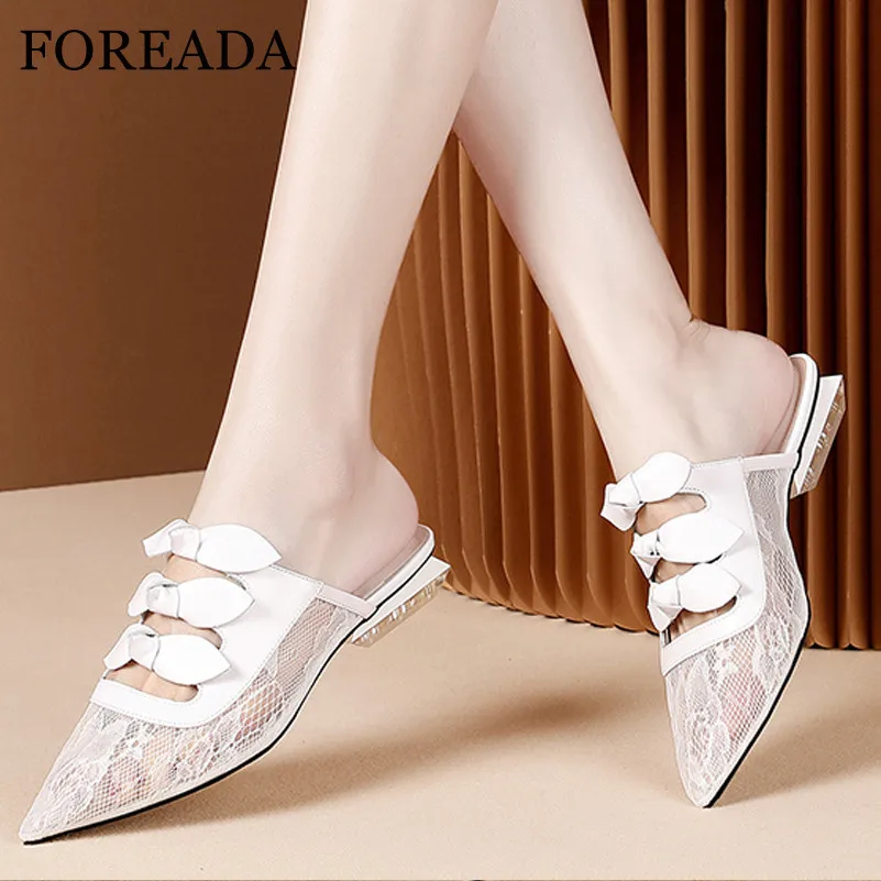 

FOREADA Woman Lace Mules Shoes Real Leather Med Heels Rhinestone Square Heel Pumps Bow Pointed Toe Ladies Footwear White Size 40