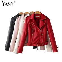 Красная кожаная куртка Байкерская Женская Черная куртка с отложным воротником и кожаными рукавами на молнии jaqueta de couro