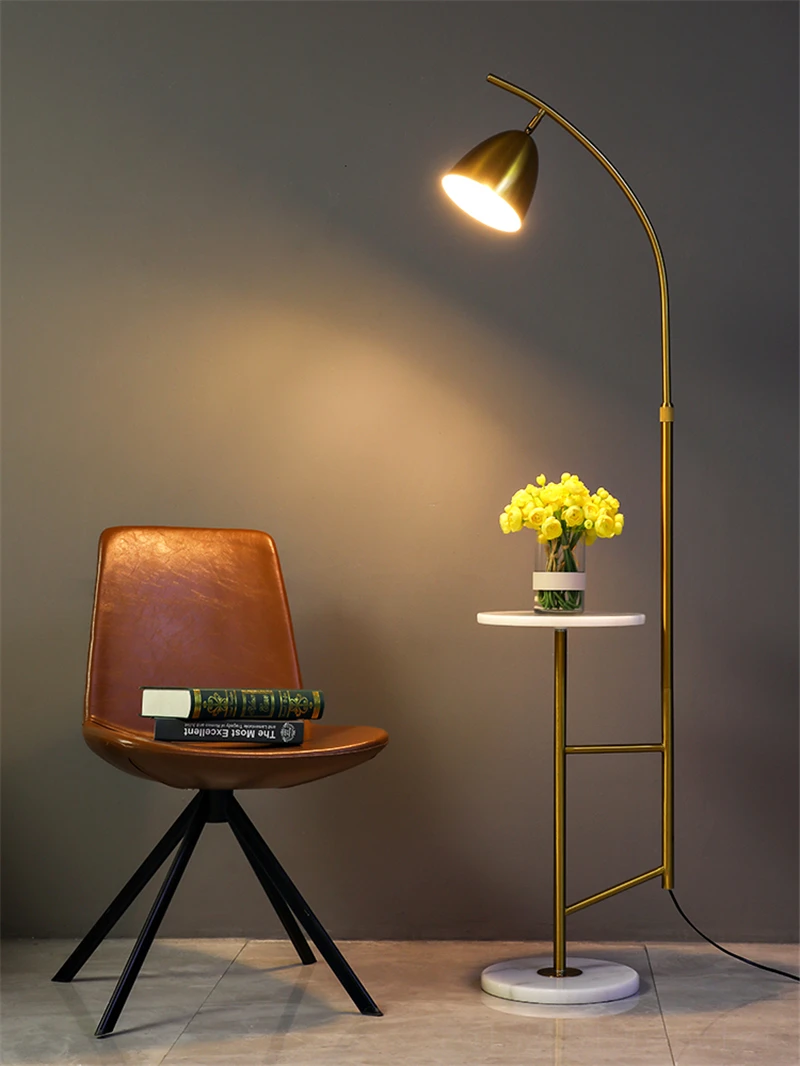 Modern Gold Marble Floor Lamp Living Room Standing Lamp Postmodern Wooden Tea Table Stand Light for Industrial Decor Floor Light