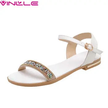 

VINLLE 2020 New Summer Buckle Hollow Comfort Ladies Flats Shoes Sequins PU Leather Open-toed Fashion Women Sandals Big Size34-43