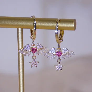 

New Exquisite 14k Gold Earrings Small Ins Inlaid AAA Zircon Love Angel Wings Water Drop Temperament Ladies Earrings