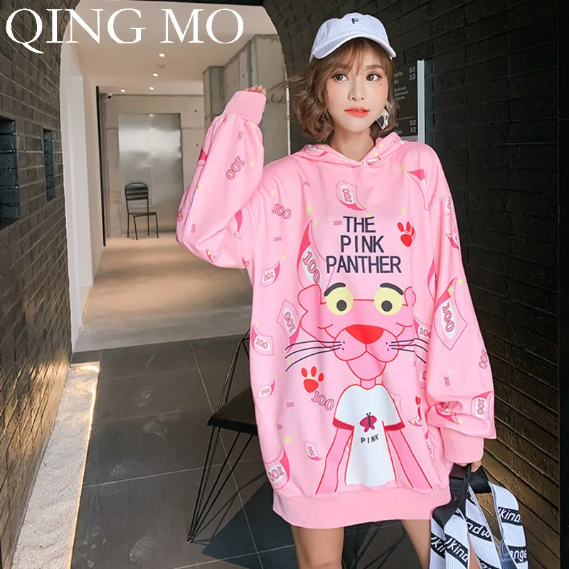 QING MO, Розовая пантера, женские пуловеры, толстовка, повседневный стиль, свободный свитер, длинный рукав, пальто с капюшоном,, осень, ZQY1393