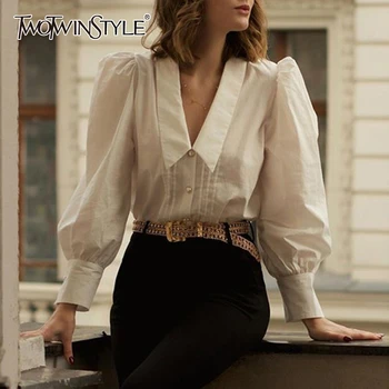 

TWOTWINSTYLE Women's Shirt V Neck Puff Long Sleeve Large Size Loose Vintage Blouse Female Spring Fashion Clothing 2020 New Tide