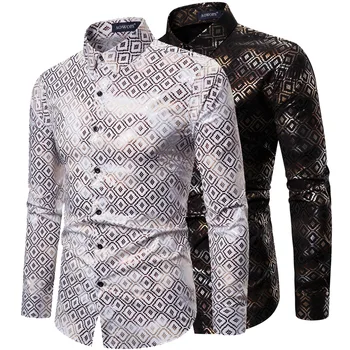 

YS080 Spring New Style Casual MEN'S Long-sleeved Shirt Digital Bronzing Printed Elasticity Men Shirt