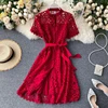 2022 Summer Sweet Party Dress Women High waist Short Sleeve Hollow Lace Dress Elegant Lady A Line Bandage Dresses Vestidos ► Photo 1/6