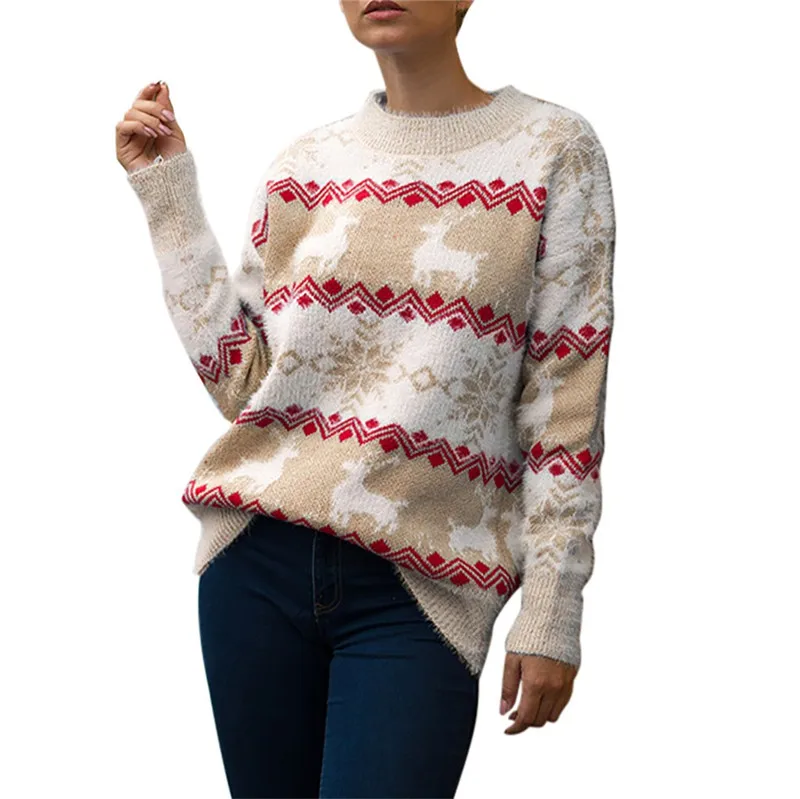 Рождественский женский свитер с длинным рукавом и круглым вырезом, свитер с принтом, топы, женские пуловеры, зимние вязаные Джемперы, Truien Dames Pull Femme