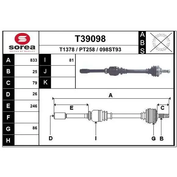 Привод правый 833mm\ Peugeot 307 1.6i/2.0i/2.0HDi 01 EAI T39098