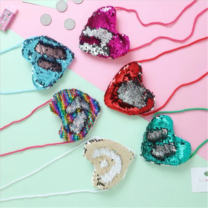 Fashion Baby Girl Princess Heart Shape Bags Shoulder Paillette Bag Crossbody Heart Mini Bags Kids Colorful Luxurious Wallet