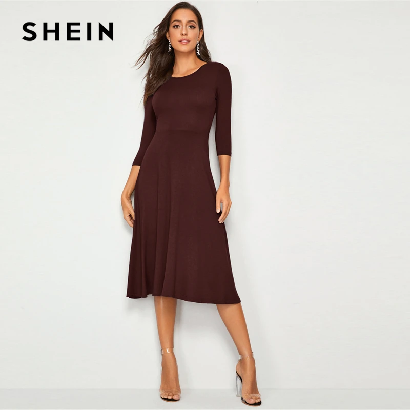 SHEIN однотонное облегающее и расклешенное эластичное элегантное платье для женщин осень 3/4 Длина рукава Высокая талия женские миди платья