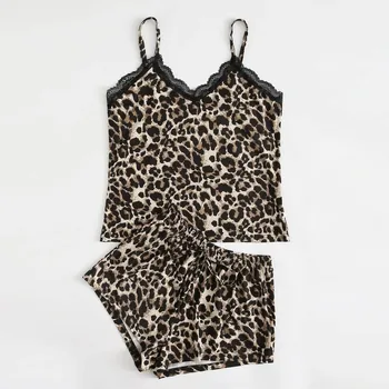 

2 Pieces Leopard Print Pajamas Sets Women Lingerie Silk Underwear Sleepwear Fashion Ladies Nightdress Satin Pajamas #3