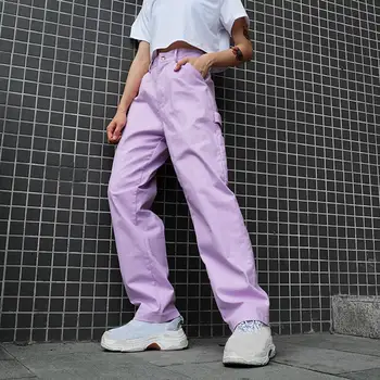 

2019 Fashion Women's Solid Color Loose Casual High Waist Women Stretch Streetwear Cargo Pants Decorative Strap Long Trousers