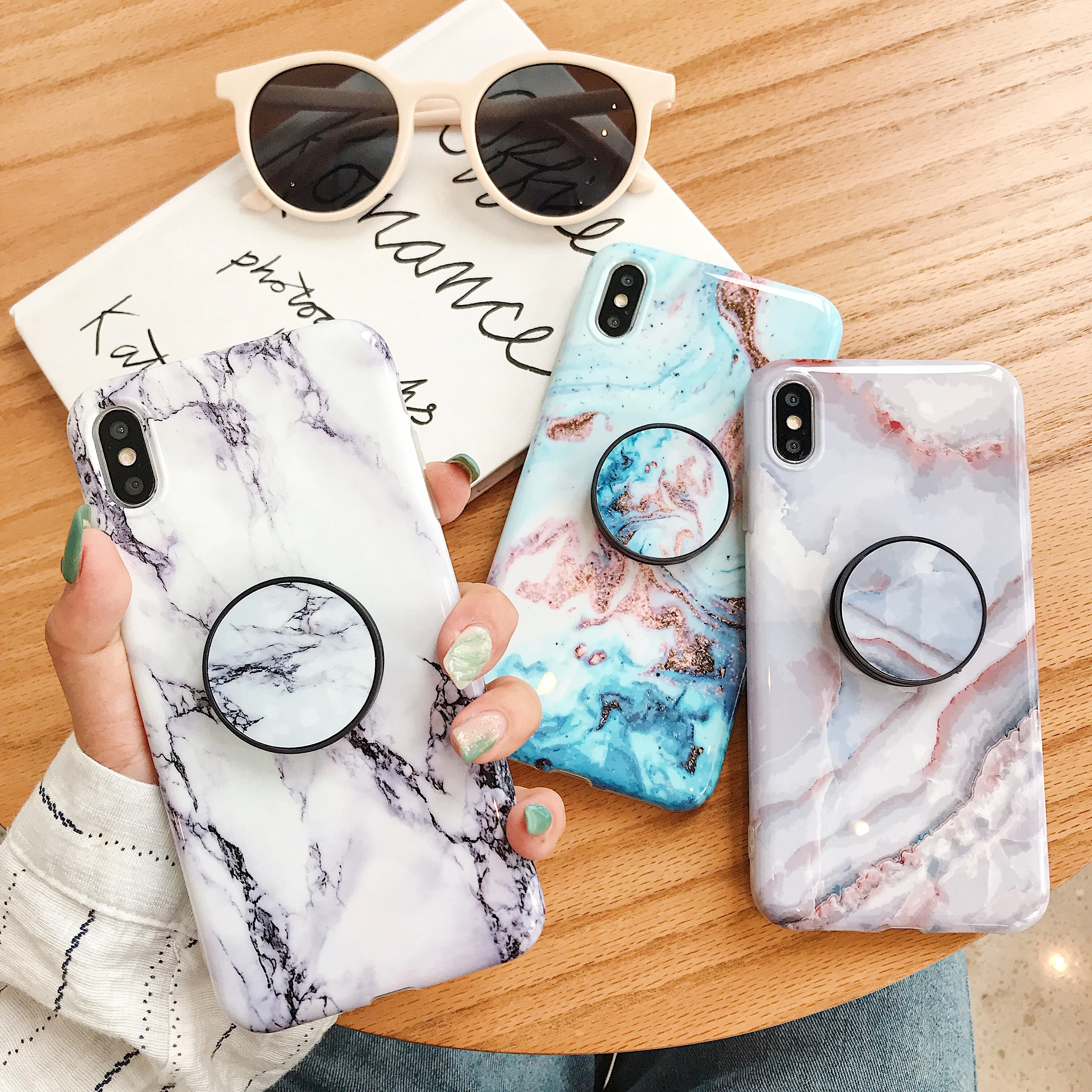 

Luxury simple marble smooth glitter for iphone 6 6S 7Puls 8 Plus X XR protective case mobile phone shell Coque for iphone 11 Pro 7 8 XS MAX silicone shell smooth sand pattern TPU protective cover with holder phone case