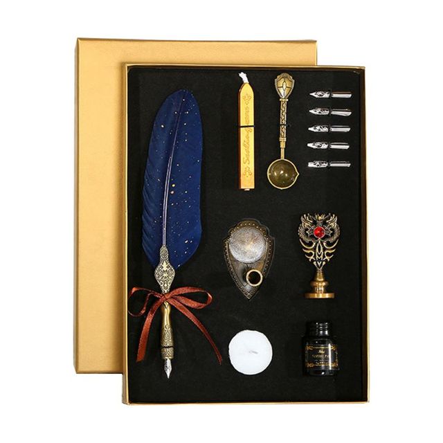 Gold Luxury Vintage Feather Quill Dip Calligraphy Fountain Pen Writing Ink 5 Nibs Set Stationery Gift Box
