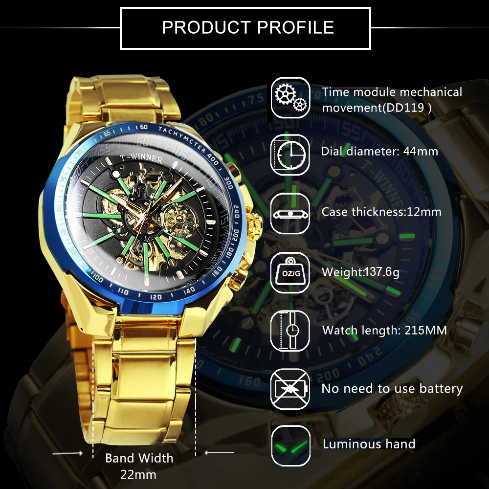 Mechanical Watch Business Watch Link WINNER Official Automatic Mechanical Gold Watch Men Big Case Luxury Fashion Skeleton Luminous Military Business Blue Waterproof