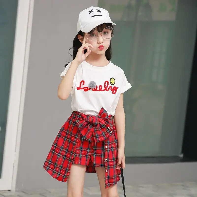 Girls Clothing Set New Fashion Summer Girls Clothing Set Child Clothes Tracksuit Girls Boutique Outfits T-shirt + Plaid Shorts 4 6 7 8 10 12 Years