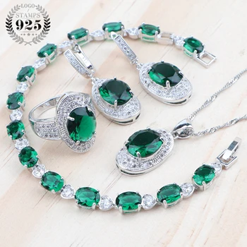 

Women Bridal Jewelry Sets 925 Silver Green Zirconia Wedding Costume Jewellery Pendant Earrings Rings Bracelet Necklace Gift Box