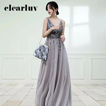 

Sequin Tassel Evening Dress DR445 Backless Sexy Women Party Dresses Gray A-Line Robe De Soiree V-Neck Sleeveless Formal Gowns