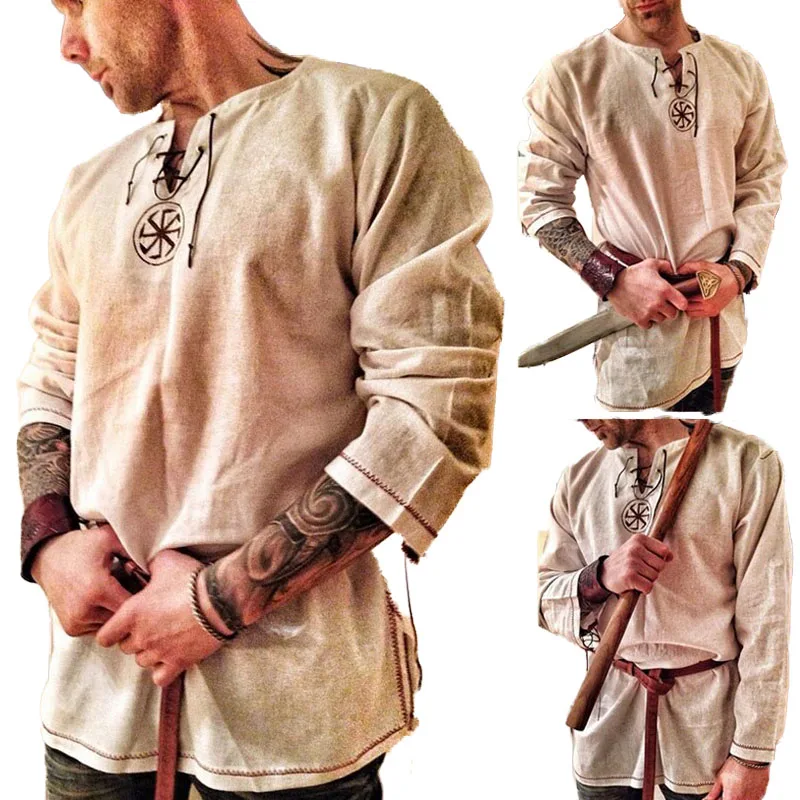 

Embroidery Tunic Shirt Knights Viking Pirate Costume Show Men Norse Medieval Battle Warrior Hero Linen Ragnar Lothbrok For Adult