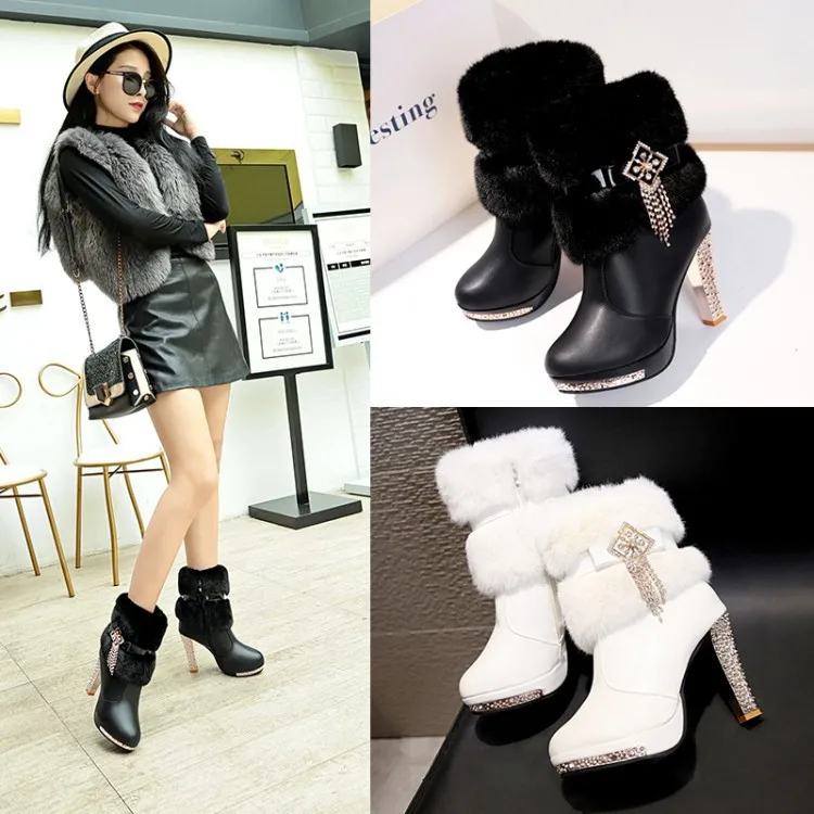 

2019 Autumn And Winter Warm Boots Europe And America Waterproof Platform round-Toe Chunky Heel High-Heel Man-made Diamond Tassel