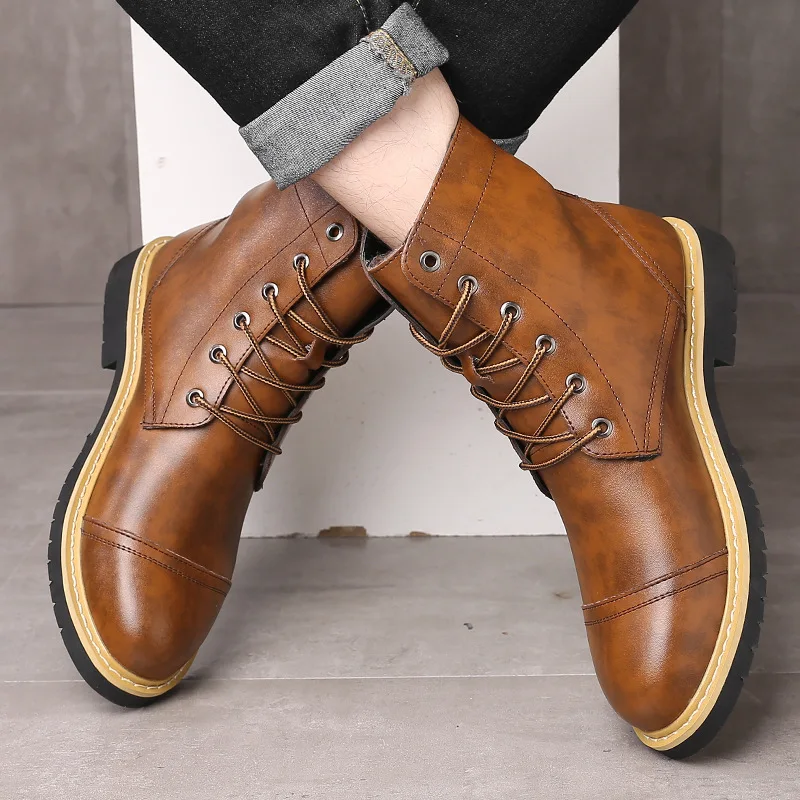 Merkmak/ г. Мужская обувь модные кожаные ботинки с высоким берцем на шнуровке ботинки в байкерском стиле на нескользящей подошве теплые мужские ботинки большого размера