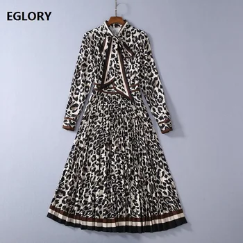 

New Arrival Dress 2020 Spring Style Women Bow Collar Sexy Wild Leopard Prints Long Sleeve Mid-Calf Length Casual Pleated Dress