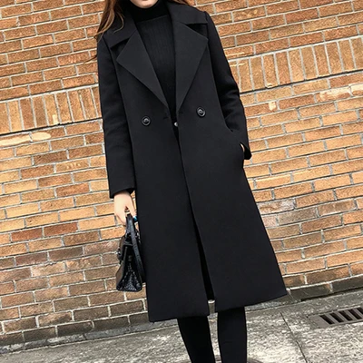 Black Однотонное зимнее шерстяное Женское пальто корейского размера плюс, тонкое кашемировое пальто, женское теплое Черное пальто с отложным воротником, Длинные куртки - Цвет: Black