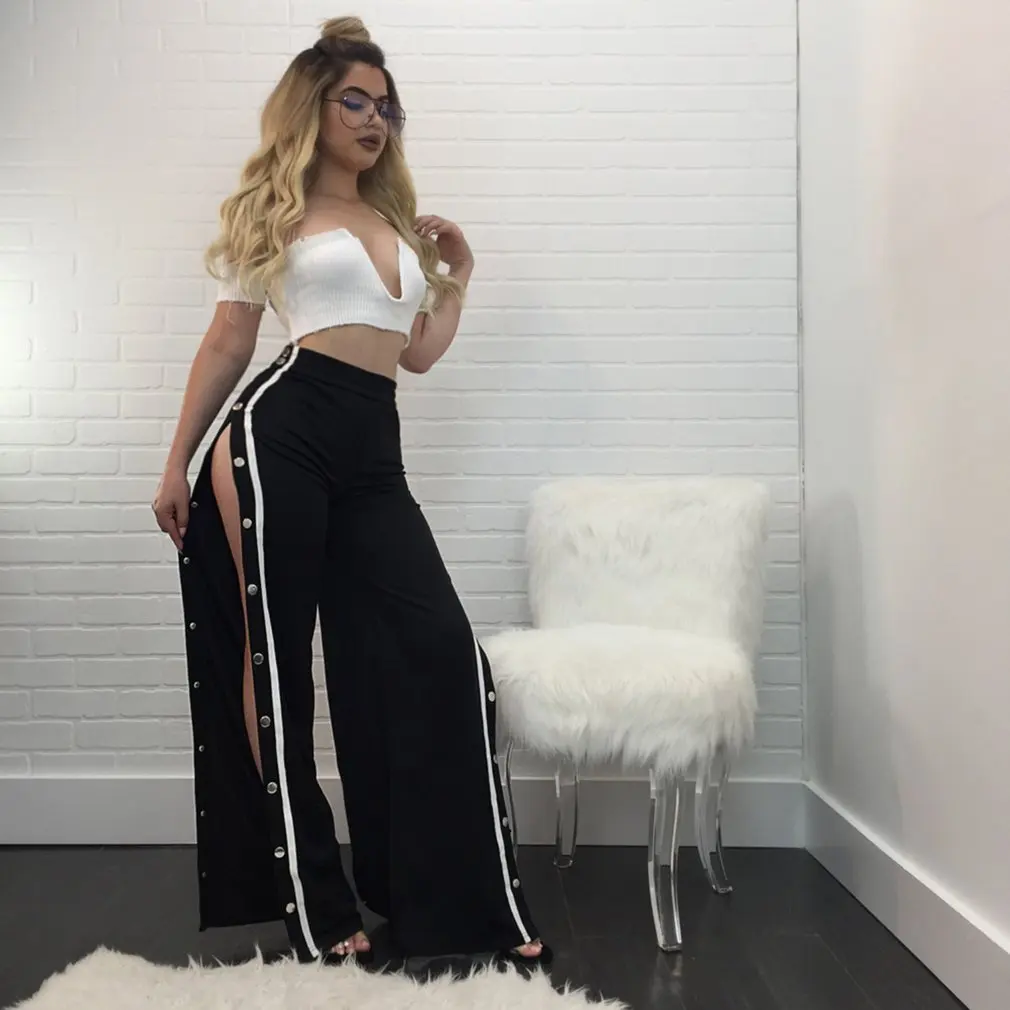 New Fashion Trendy Women Pants Striped Side Slit Sexy Pants Casual Loose Fashion Summer Trousers With Rivet Buckle For Travel New Fashion Trendy Women Pants Striped Side Slit Sexy Pants Casual Loose Fashion Summer Trousers With Rivet Buckle For Travel