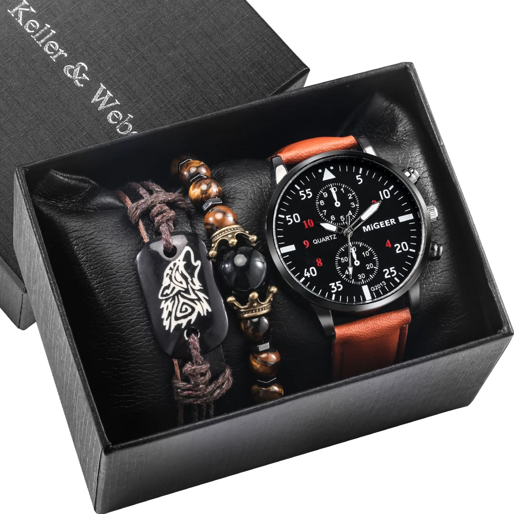 Fashion Watch Gift Set Men Brown Quartz Clock High Quality Leather Band Men's Wrist Bracelet  Anniversary Gifts Box for Husband