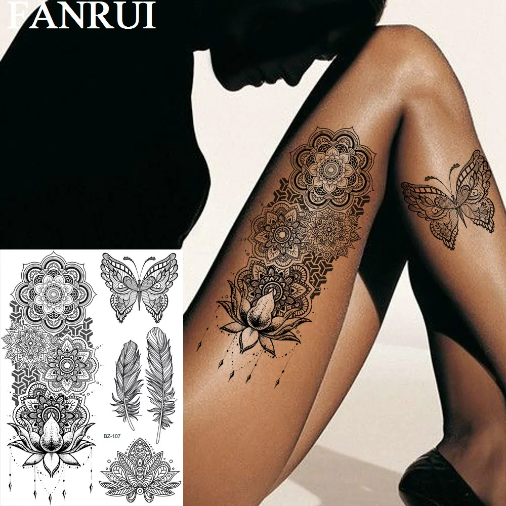

FANRUI Mandala Flower Temporary Tattoos Sticker Feather Fake Tatoos Fashion Body Art Arm Custom Tattoo For Women Black Henna