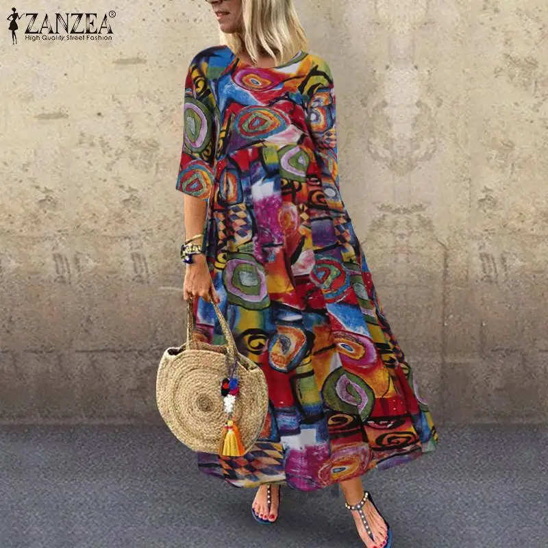 Pleated-Dress Tunic Robe-Printed ZANZEA Long Women Vintage Plus-Size Summer 3/4-Sleeve