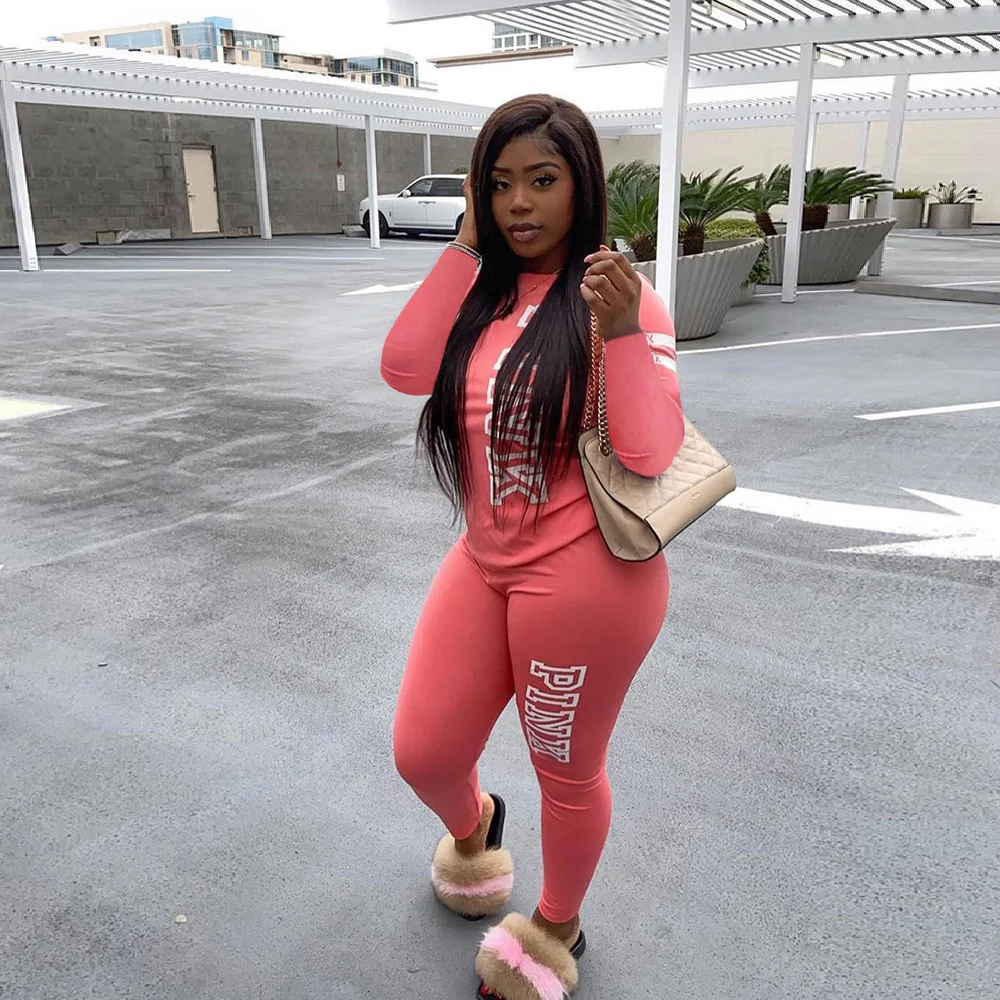 2022 Spring Summer Women Set Pink Letter Print Long Sleeve Tracksuit Pants Suit Casual Two Piece Sets Outfit Street Sweatsuit outfits for women 2 piece set 2023 solid gold velvet suit y2k tracksuit women street casual hoodie sweatshirt flared pants sets