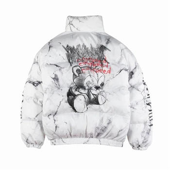 

Hip Hop Jacket Parka Spray Paint Graffiti Streetwear Men Windbreaker Harajuku Winter Padded Jacket Coat Warm Outwear Bear