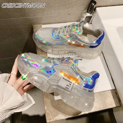 

Brand Spring Trend Women Transparent Sneakers Harajuku Ladies Platform Jelly Shoes Laser Casual Shoes Shining Running Footwear