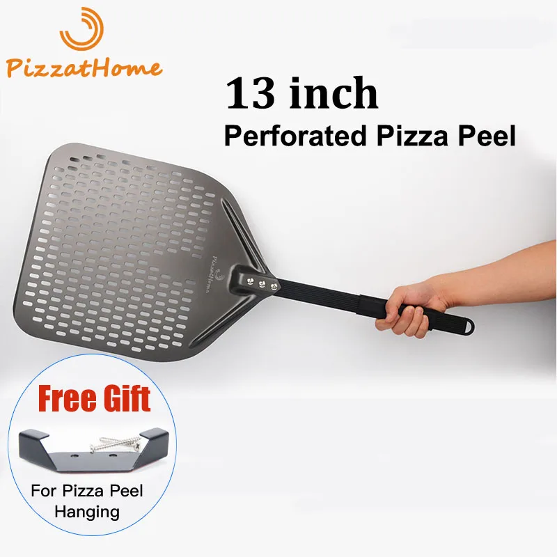 PizzAtHome nuovo 13 pollici rivestimento duro perforato Pizza buccia  rettangolare pala per Pizza alluminio Pizza Peel Paddle strumento per Pizza  corto