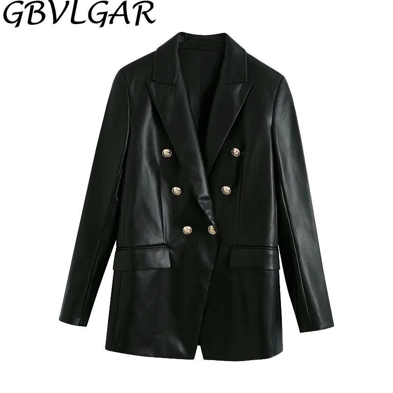 Women Fashion Notched Double Breasted PU Leather Blazers Coat
