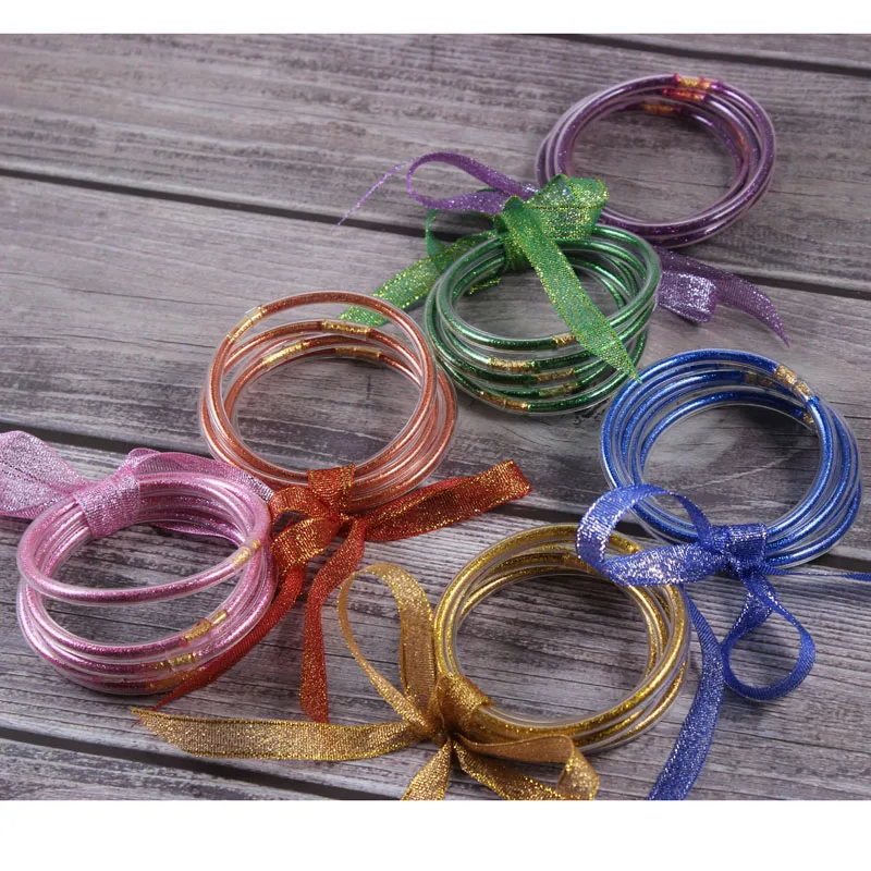 

Newest Glitter 5 PCS/Set Bowknot Gold Silver Glitter Bangles Set 2019 All Weather Stack Silicone Plastic Glitter Jelly Bangles