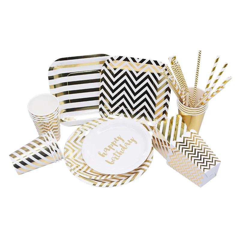 Gold Birthday Party Tableware Set Disposable Tableware Cup Plate Straws Wedding Party Decoration Kids Baby Shower Party Supplies