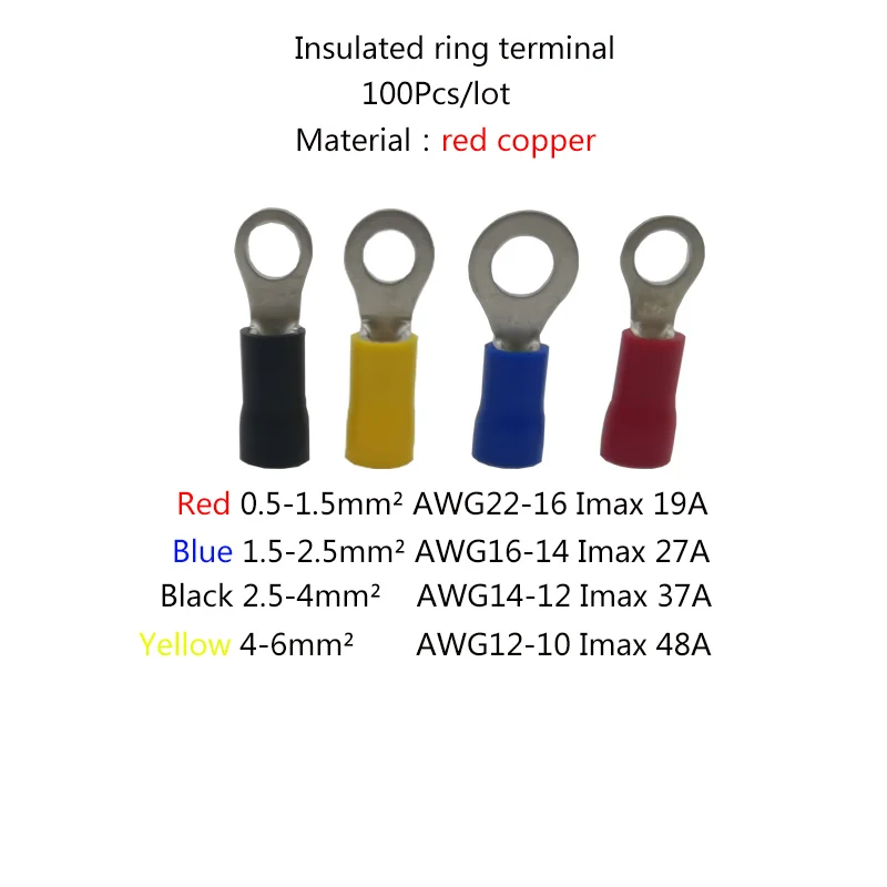 

100pcs Circular Pre-insulated Terminals Type O Cold pressed terminal 0.5-1.5mm² 1.5-2.5mm² 2.5-4mm² 4-6mm² Red copper Crimping t