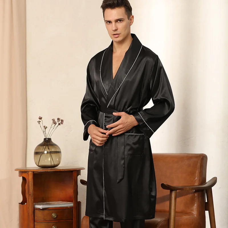 Men Pajamas Satin Kimono Robe Gown Pants Thin Nightgown Two-pieces Bathrobe&Trousers Suit Summer Long Sleeve Nightwear